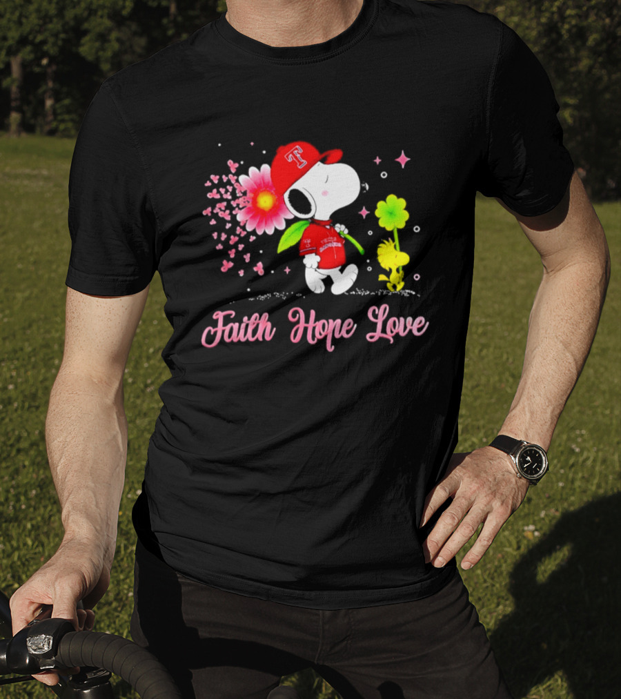 Texas Rangers Snoopy Faith Hope Love Breast Cancer Awareness 2026 T-Shirt