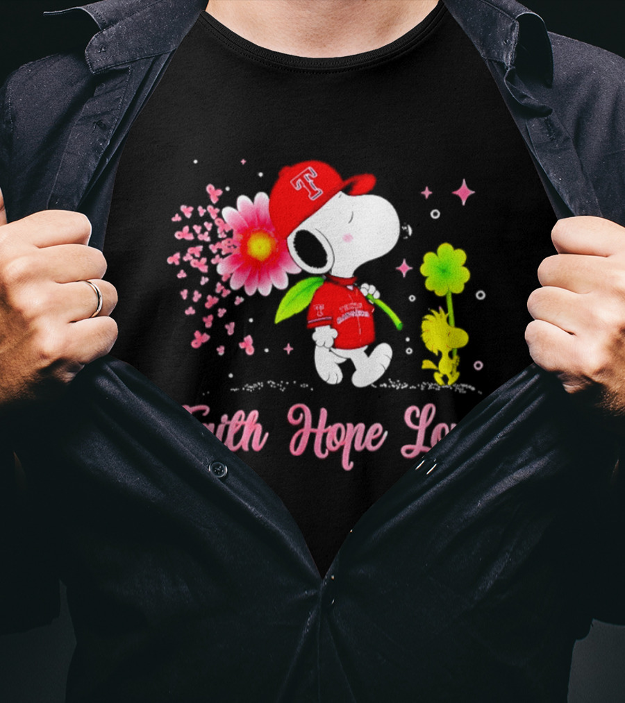 Texas Rangers Snoopy Faith Hope Love Breast Cancer Awareness 2026 T-Shirt