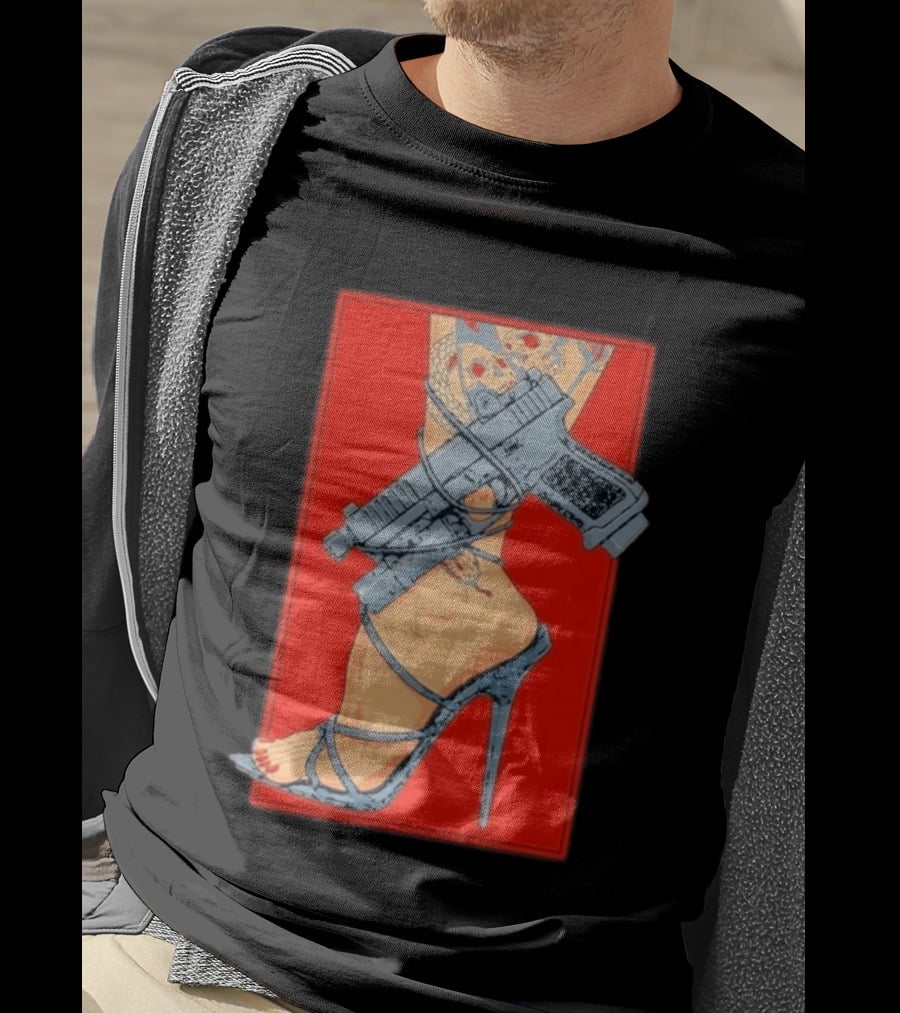 High Heel Stiletto With Gun And Tattoo Art On Red T-Shirt