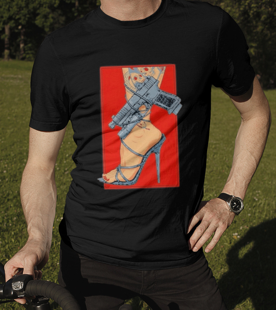 High Heel Stiletto With Gun And Tattoo Art On Red T-Shirt