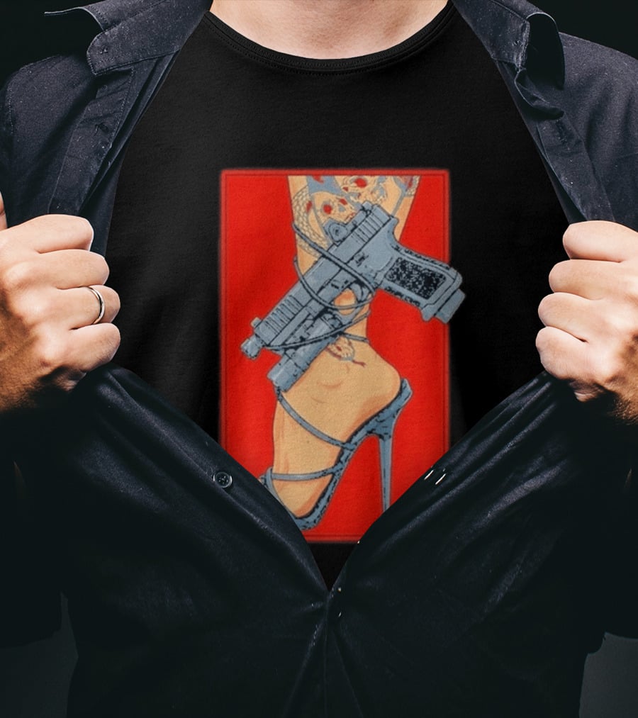 High Heel Stiletto With Gun And Tattoo Art On Red T-Shirt