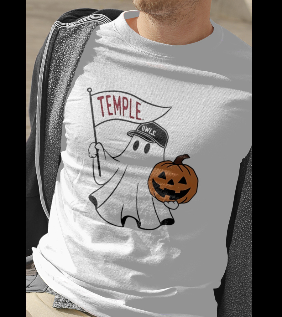 Temple Owls Halloween Ghost With Pumpkin And Flag T-Shirt