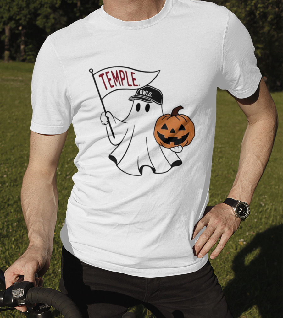 Temple Owls Halloween Ghost With Pumpkin And Flag T-Shirt