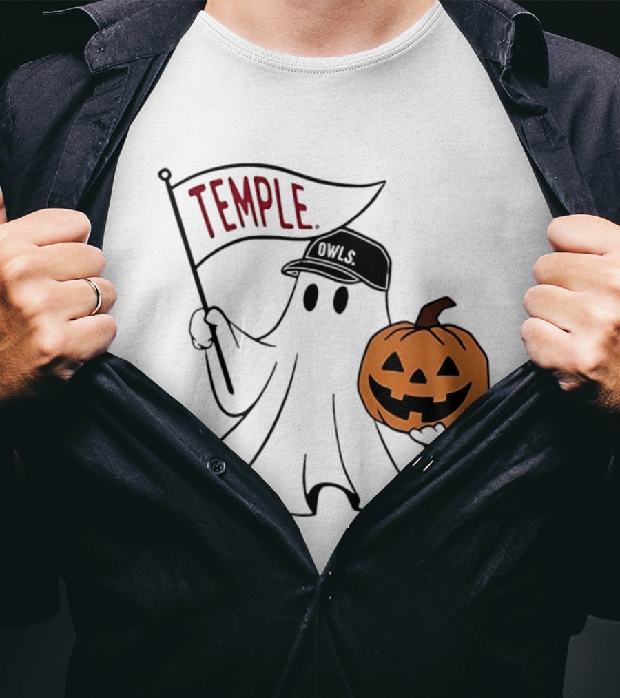 Temple Owls Halloween Ghost With Pumpkin And Flag T-Shirt