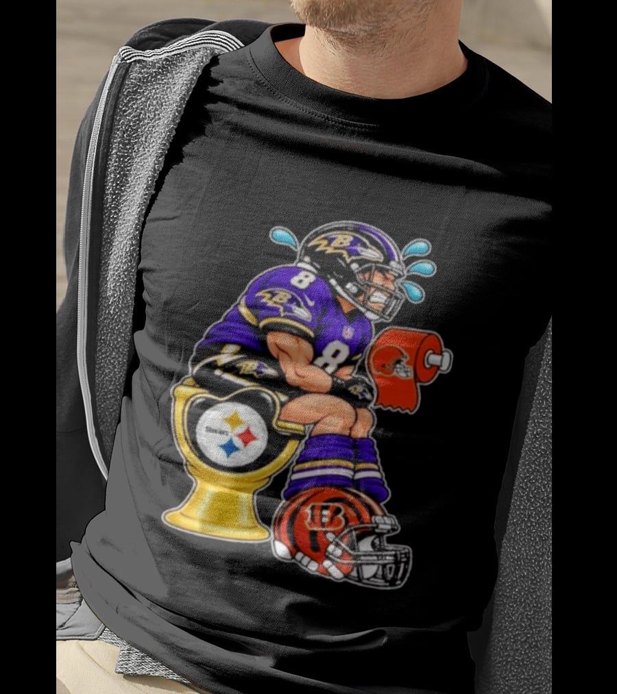 Baltimore Ravens Lamar Jackson On Steelers Toilet With Browns Toilet Paper And Bengals Helmet T-Shirt