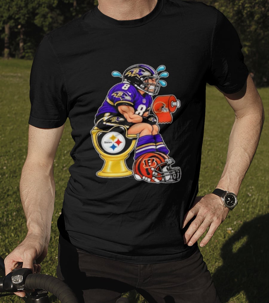 Baltimore Ravens Lamar Jackson On Steelers Toilet With Browns Toilet Paper And Bengals Helmet T-Shirt