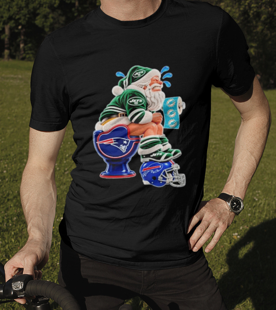 New England Patriots Miami Dolphins Buffalo Bills New York Jets Santa Football Christmas T-Shirt