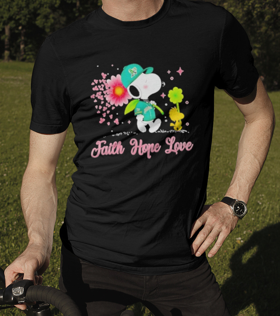 Oakland Athletics Snoopy Woodstock Faith Hope Love Breast Cancer Awareness 2026 T-Shirt