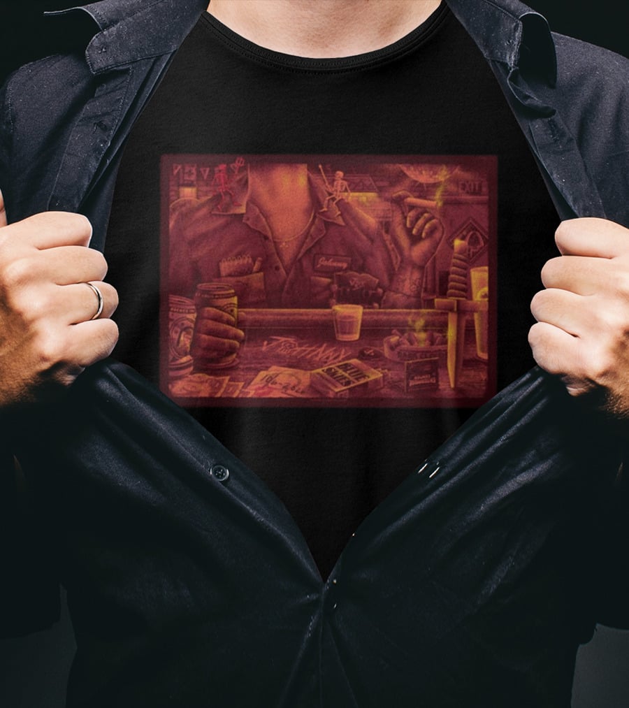 Johnny Blue Skies Dark Clouds Enterprise Center Oct 6 2026 Poker Whiskey Skeletons Dagger Smoky Bar Scene T-Shirt