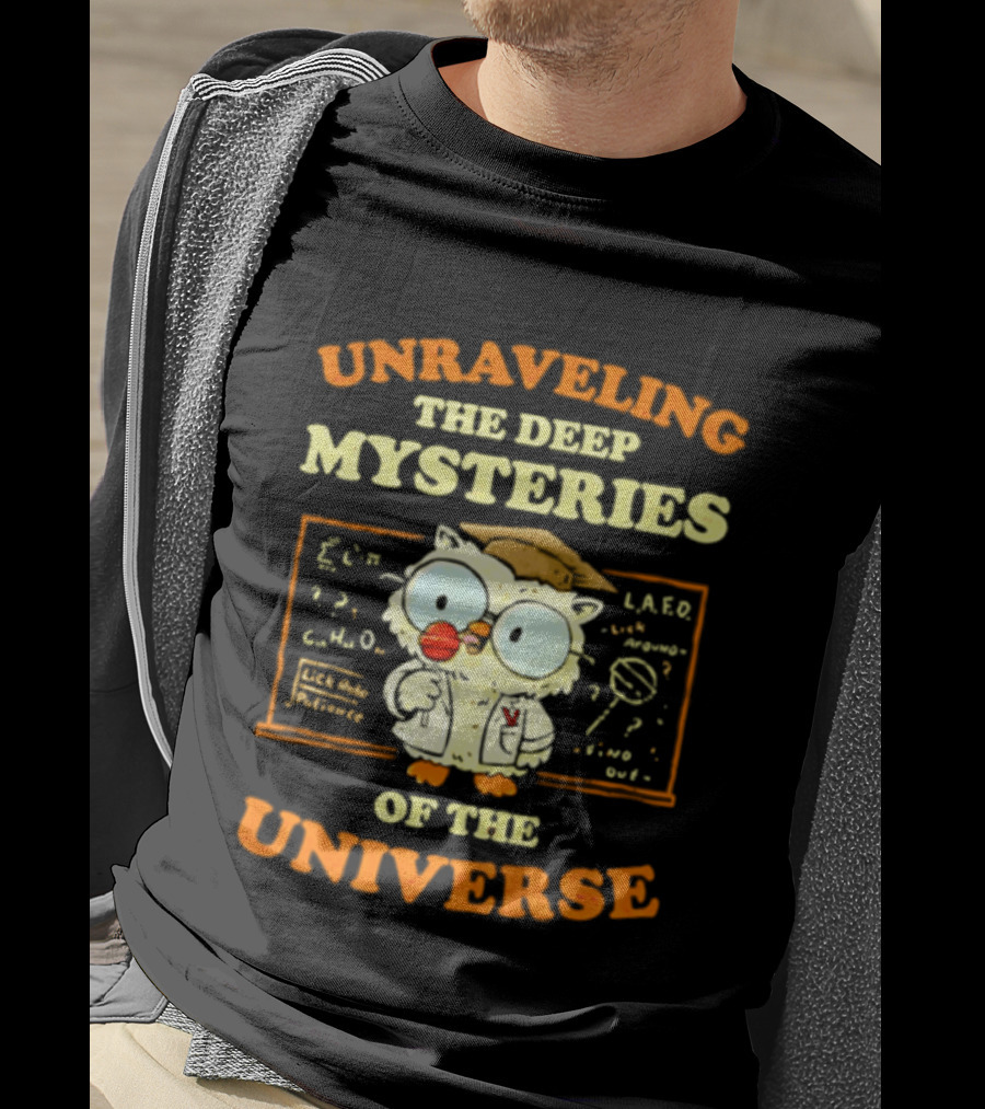 Unraveling The Deep Mysteries Of The Universe Owl With Chalkboard And Equations T-Shirt