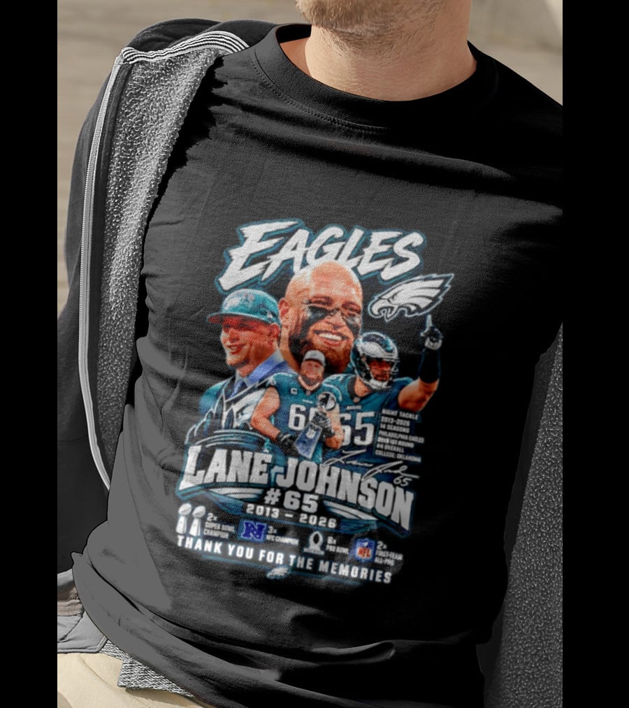 Eagles Lane Johnson #65 Philadelphia NFL Right Tackle 2013 2026 Thank You For The Memories Super Bowl Champion Pro Bowl T-Shirt