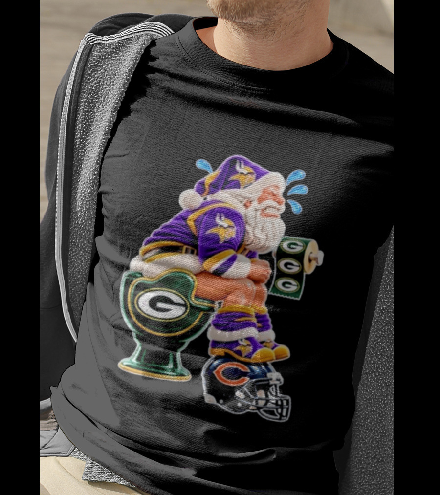 Minnesota Vikings Santa With Green Bay Packers Toilet And Chicago Bears Helmet Christmas Football T-Shirt