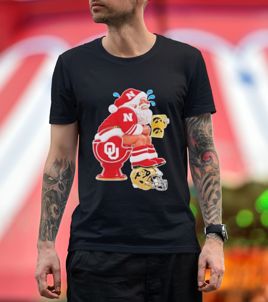 Nebraska Santa On Oklahoma Toilet With Iowa Toilet Paper And Colorado Helmet Football Rivalry Humor T-Shirt