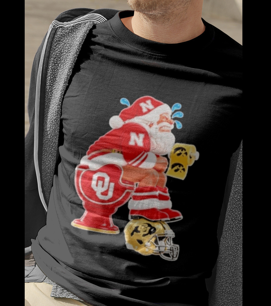 Nebraska Santa On Oklahoma Toilet With Iowa Toilet Paper And Colorado Helmet Football Rivalry Humor T-Shirt
