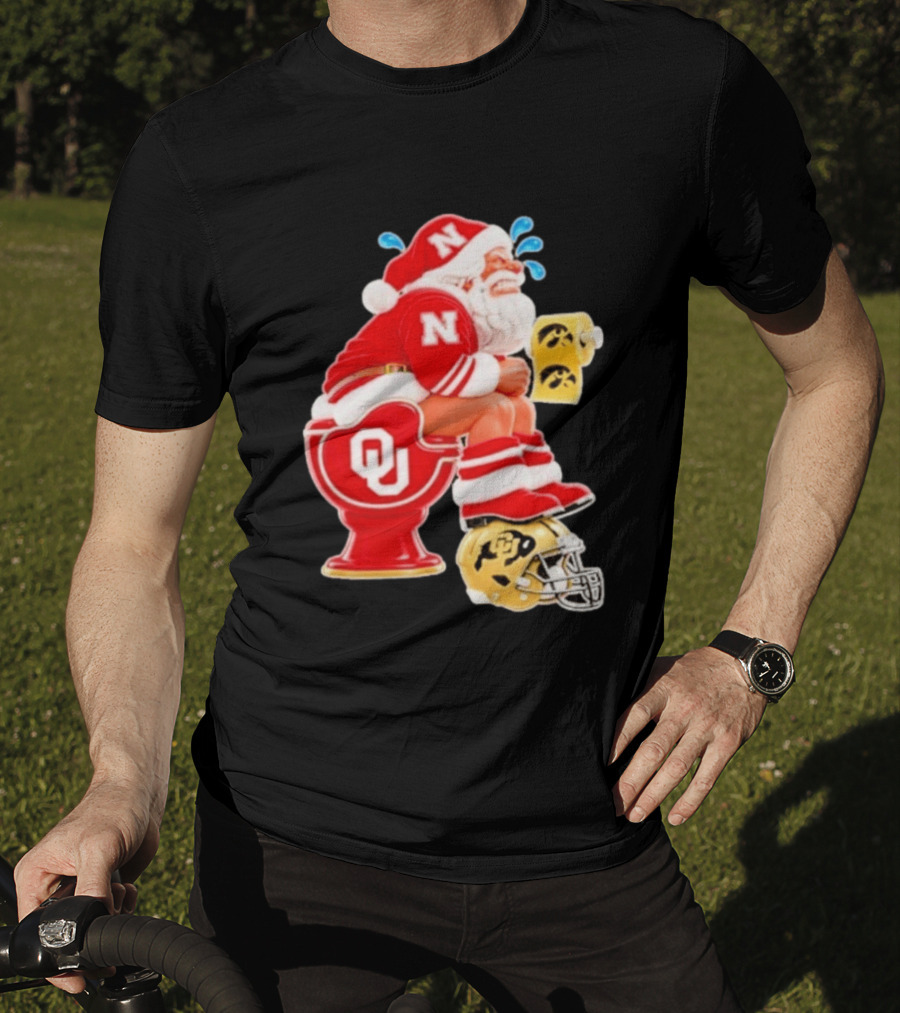 Nebraska Santa On Oklahoma Toilet With Iowa Toilet Paper And Colorado Helmet Football Rivalry Humor T-Shirt