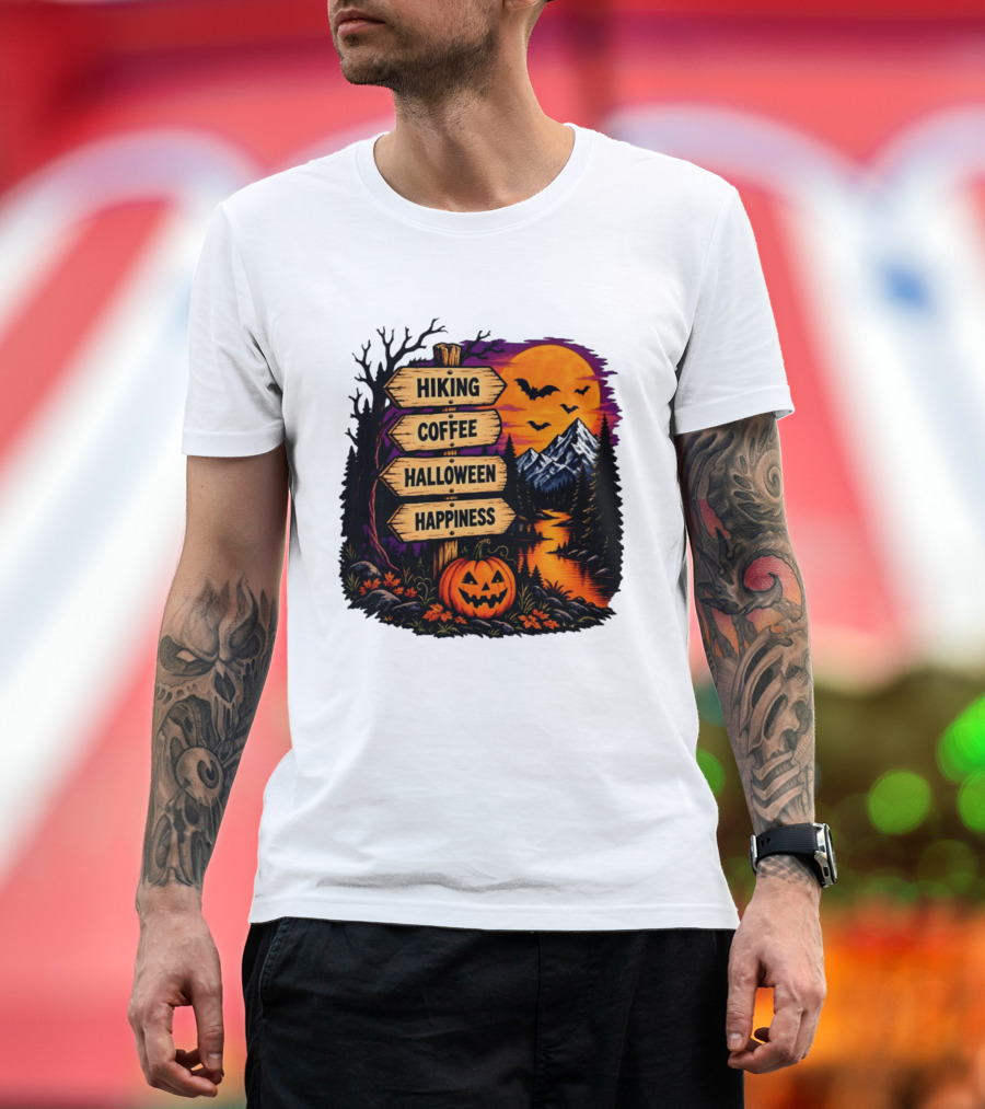 Hiking Coffee Halloween Happiness Fall Season Signpost Scenic Sunset Pumpkin Bats T-Shirt