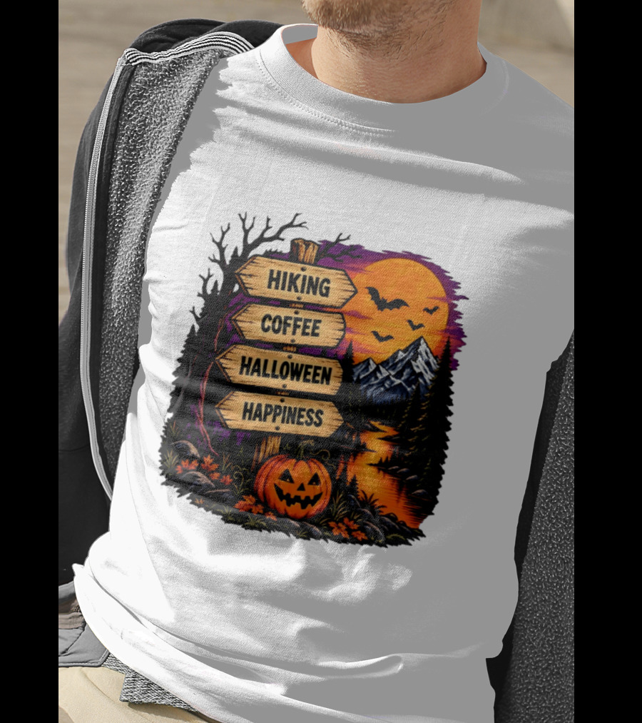 Hiking Coffee Halloween Happiness Fall Season Signpost Scenic Sunset Pumpkin Bats T-Shirt