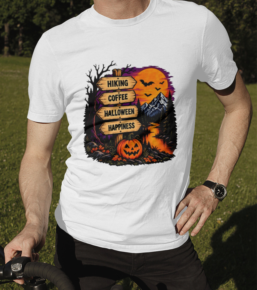 Hiking Coffee Halloween Happiness Fall Season Signpost Scenic Sunset Pumpkin Bats T-Shirt