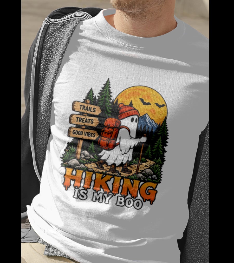 Hiking Is My Boo Ghost Trails Treats Good Vibes Halloween T-Shirt