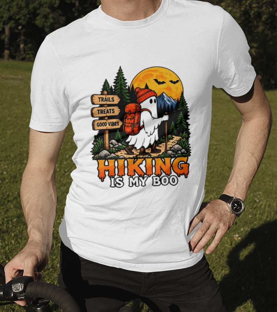 Hiking Is My Boo Ghost Trails Treats Good Vibes Halloween T-Shirt