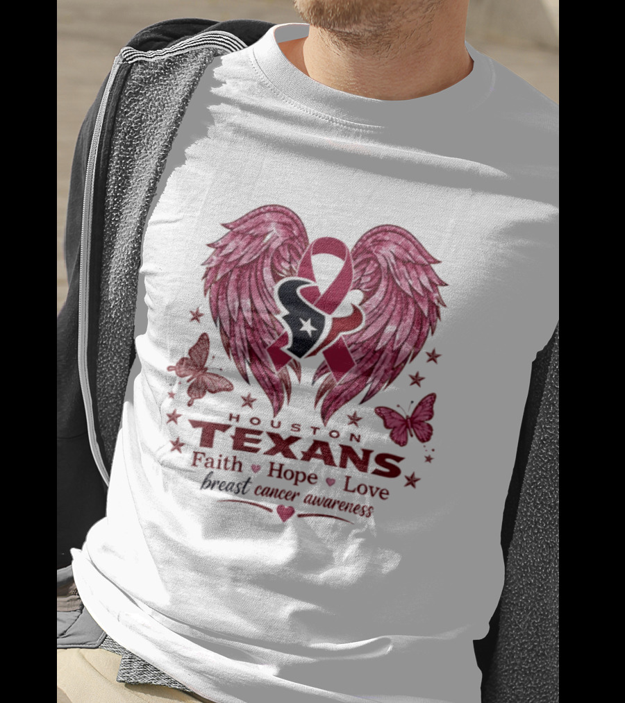 Houston Texans Breast Cancer Awareness Faith Hope Love Wings T-Shirt