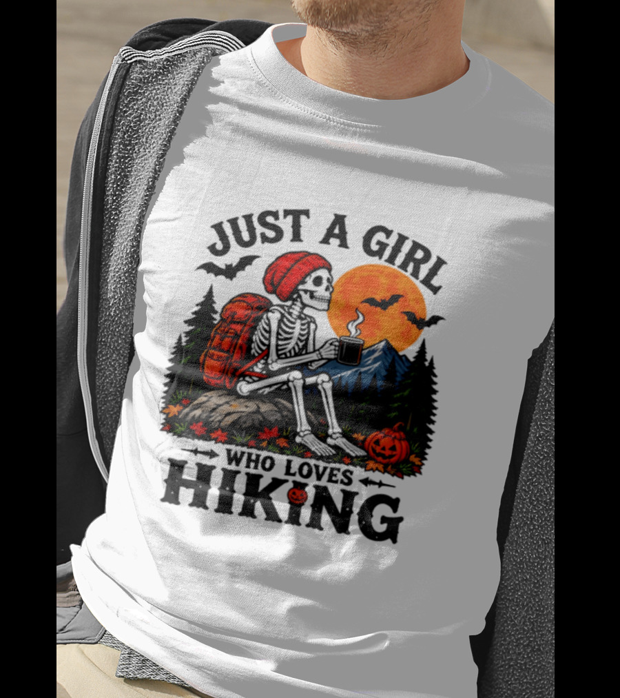 Just A Girl Who Loves Hiking Skeleton Autumn Halloween Pumpkin Bats And Coffee T-Shirt