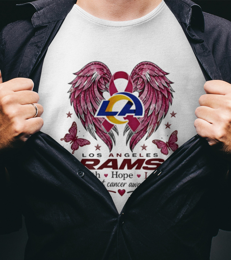 Los Angeles Rams Breast Cancer Awareness Faith Hope Love Wings And Butterflies T-Shirt
