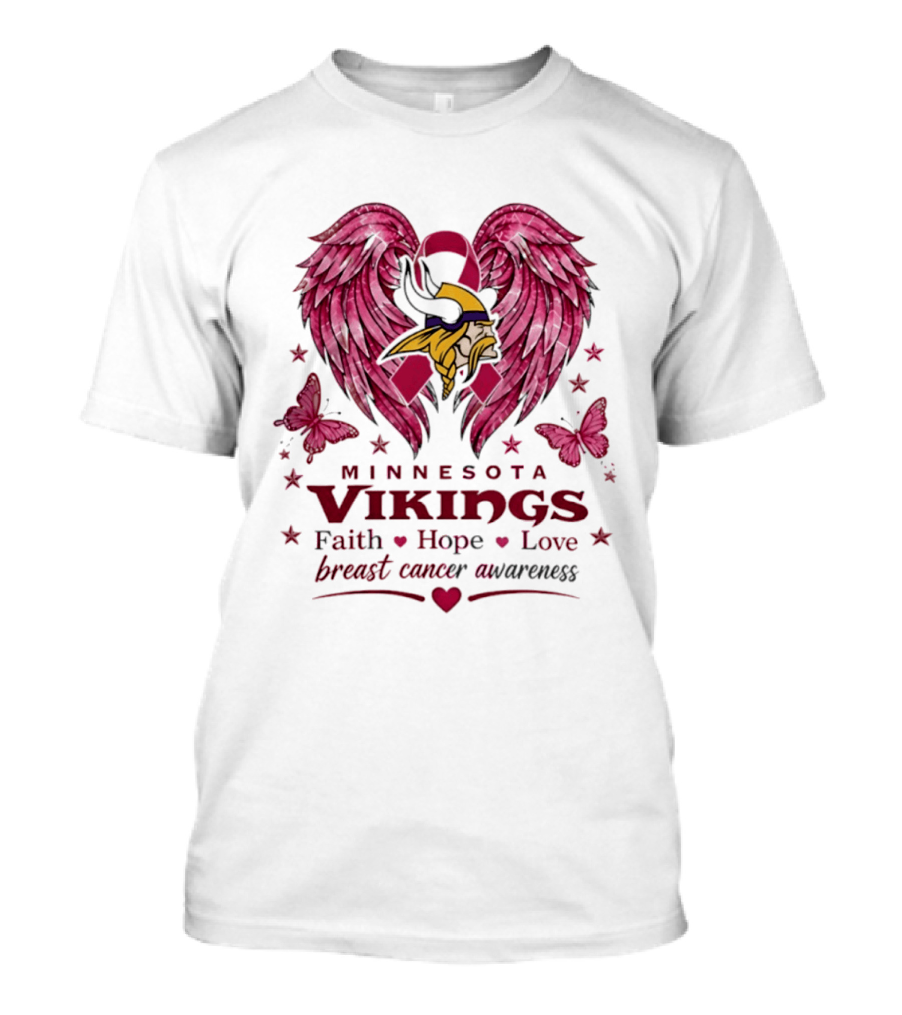 Minnesota Vikings Breast Cancer Awareness Faith Hope Love Wings T-Shirt