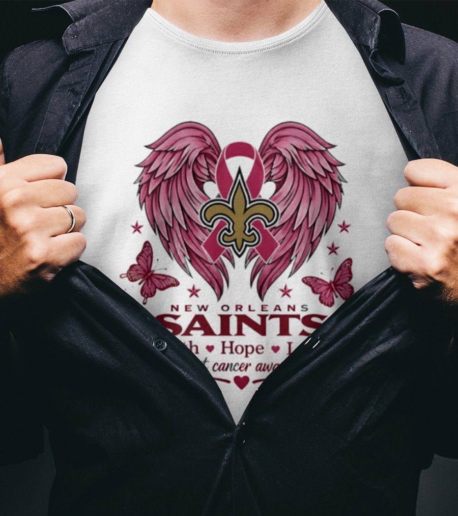 New Orleans Saints Breast Cancer Awareness Faith Hope Love Wings T-Shirt