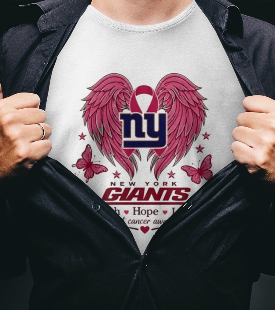 New York Giants Breast Cancer Awareness Faith Hope Love Pink Wings Ribbon T-Shirt
