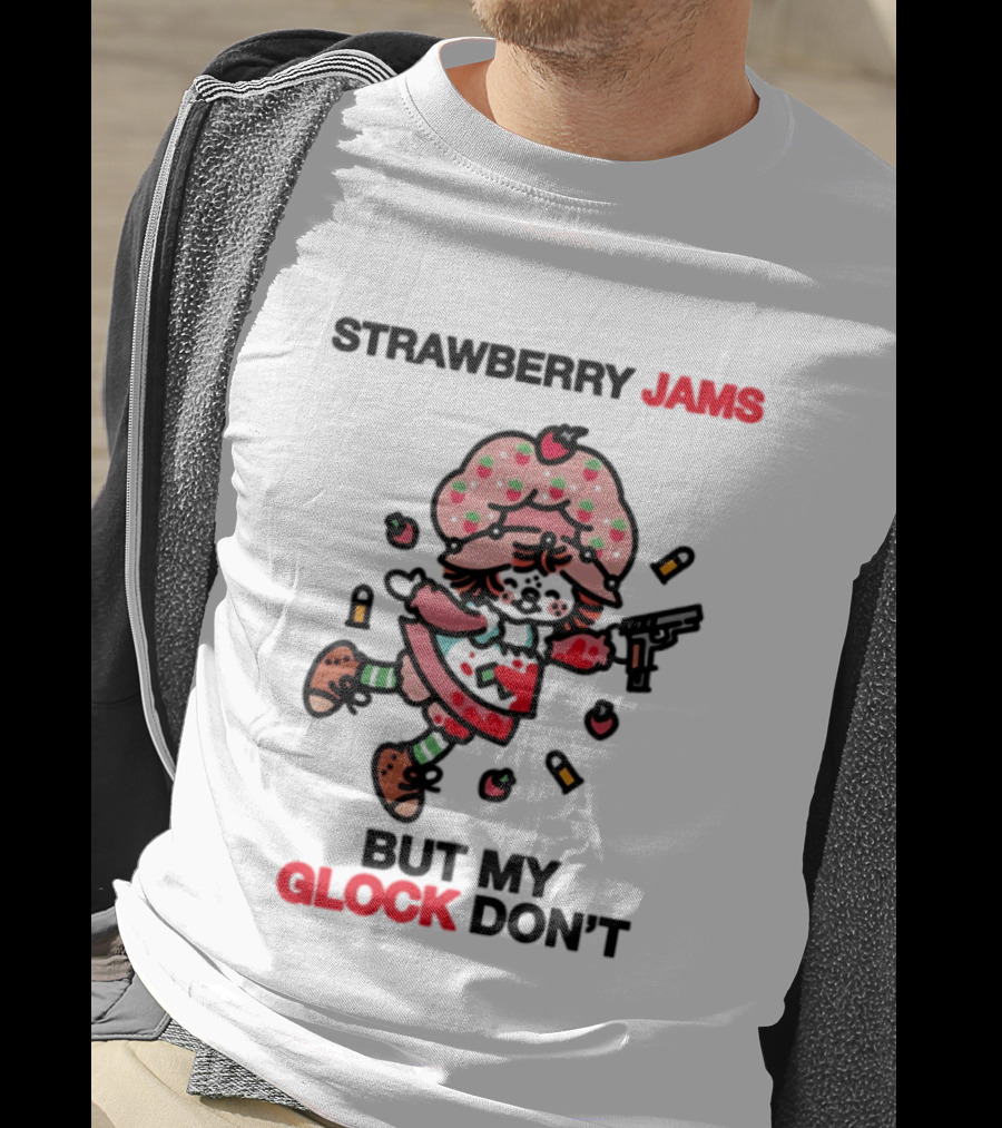 Strawberry Jams But My Glock Don't Cartoon Character With Pink Frosted Hat And Pistol T-Shirt