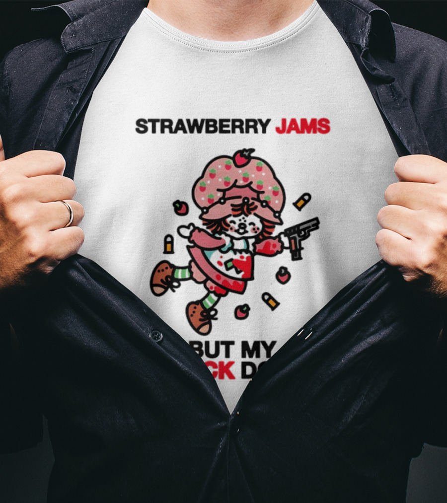 Strawberry Jams But My Glock Don't Cartoon Character With Pink Frosted Hat And Pistol T-Shirt