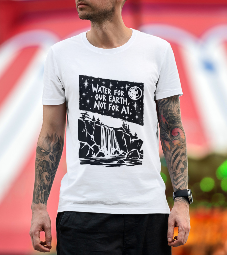 Water For Our Earth Not For AI Moonlit Waterfall Environmental Message T-Shirt