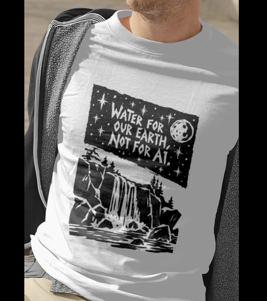 Water For Our Earth Not For AI Moonlit Waterfall Environmental Message T-Shirt