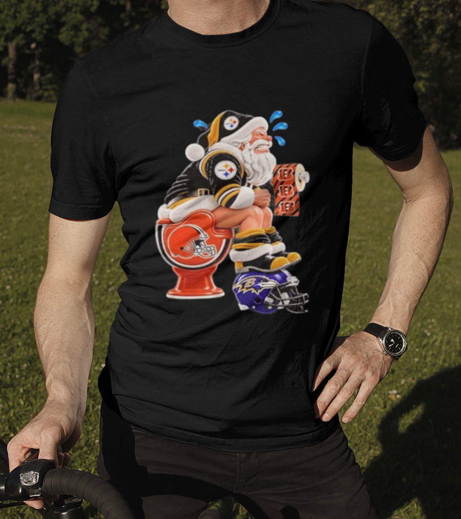 Pittsburgh Steelers Santa Christmas Cleveland Browns Toilet Baltimore Ravens Helmet Cincinnati Bengals Toilet Paper Football T-Shirt