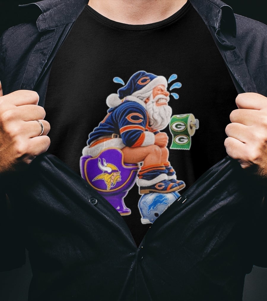 Santa Claus On Toilet Minnesota Vikings Detroit Lions Green Bay Packers Chicago Bears Funny Christmas 2026 Football T-Shirt