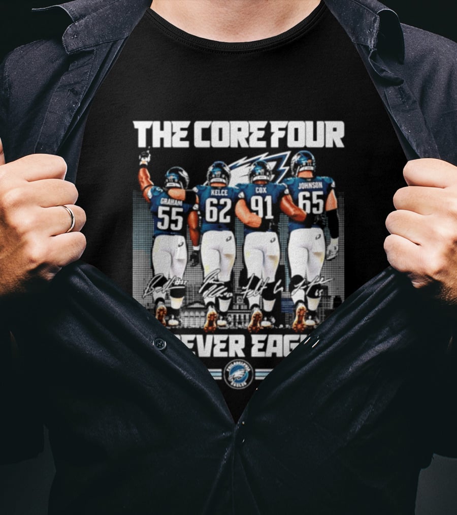 Philadelphia Eagles The Core Four Jenkins Kelce Cox Johnson Forever Legends Skyline Signatures T-Shirt