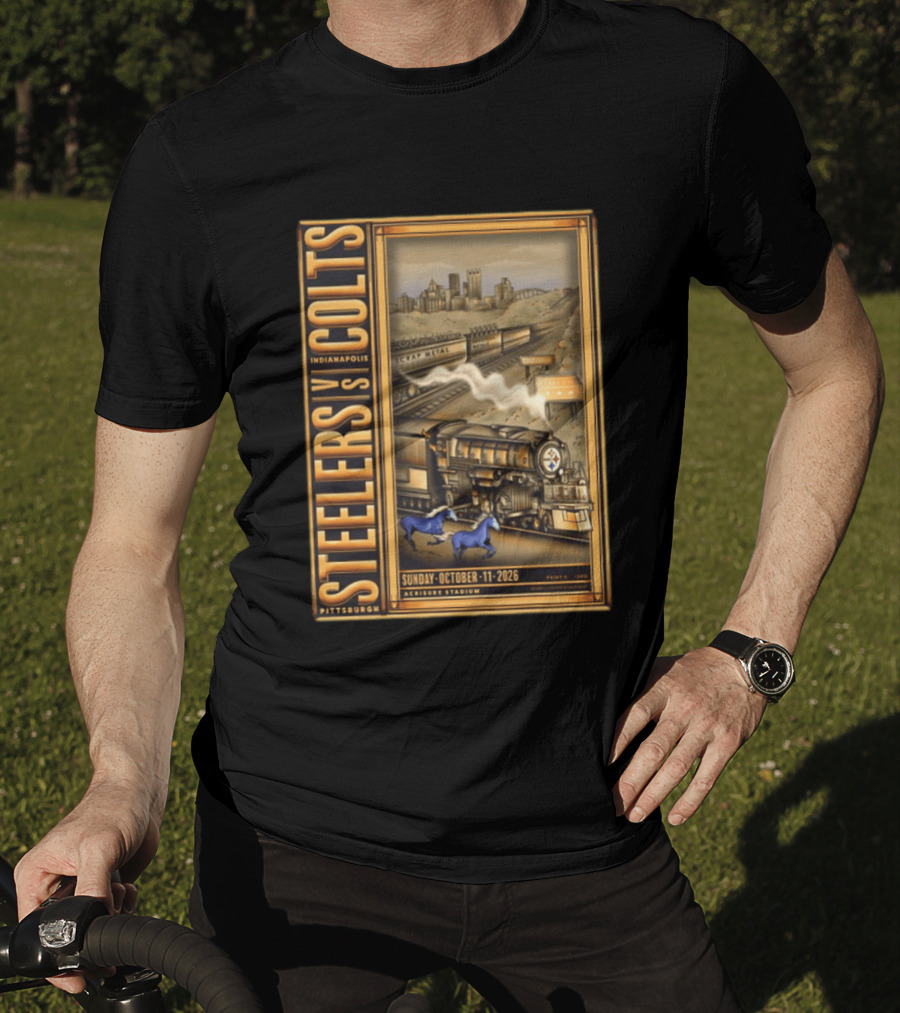 Pittsburgh Steelers Vs Indianapolis Colts Sunday October 11 2026 Acrisure Stadium Cityscape With Train And Blue Horses T-Shirt