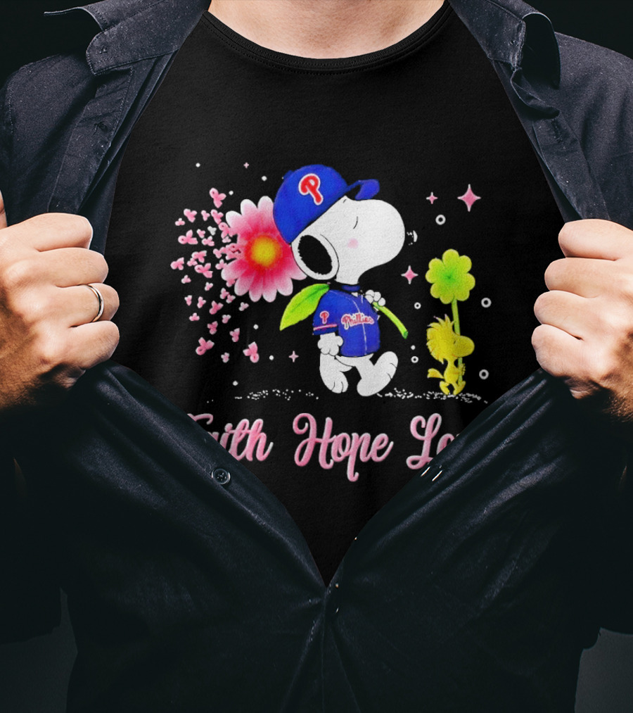 Philadelphia Phillies Snoopy Faith Hope Love Breast Cancer Awareness T-Shirt