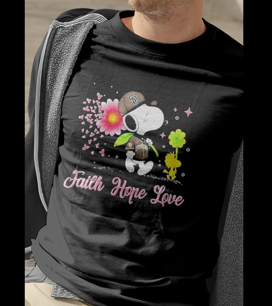 Snoopy San Diego Padres Faith Hope Love Breast Cancer Awareness T-Shirt