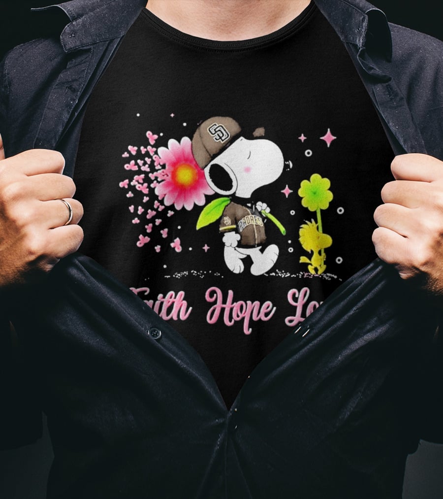 Snoopy San Diego Padres Faith Hope Love Breast Cancer Awareness T-Shirt