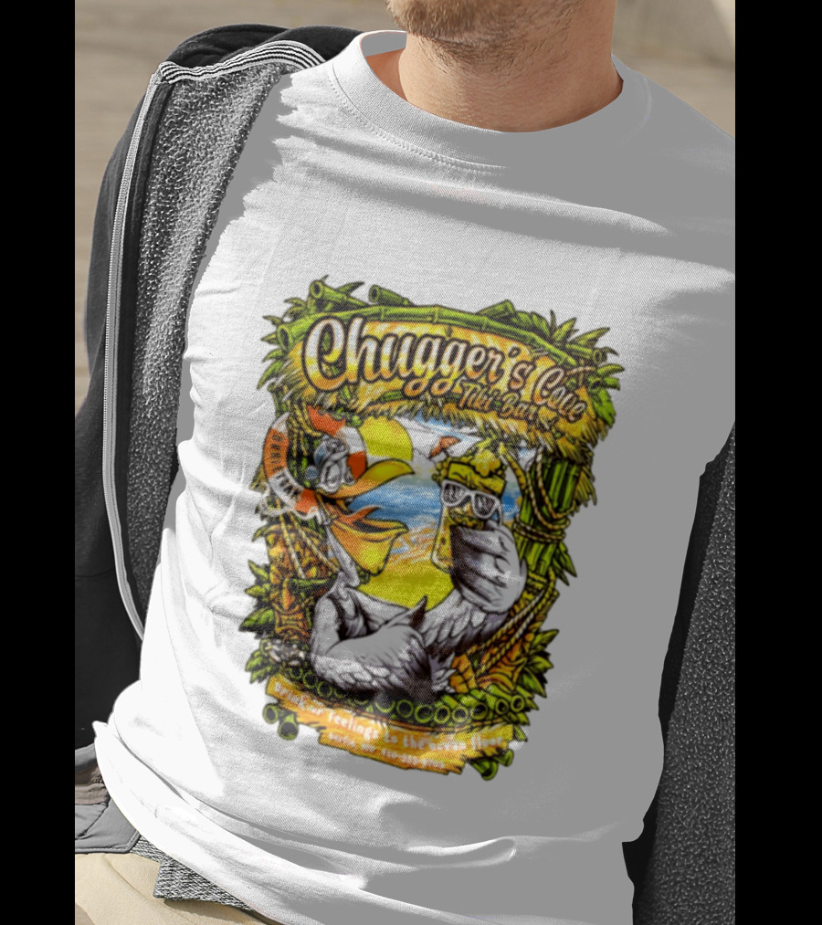 Chugger's Cove Tiki Bar Beach Pelican Drink Ur Feelings Ocean Floor Berlin MD T-Shirt