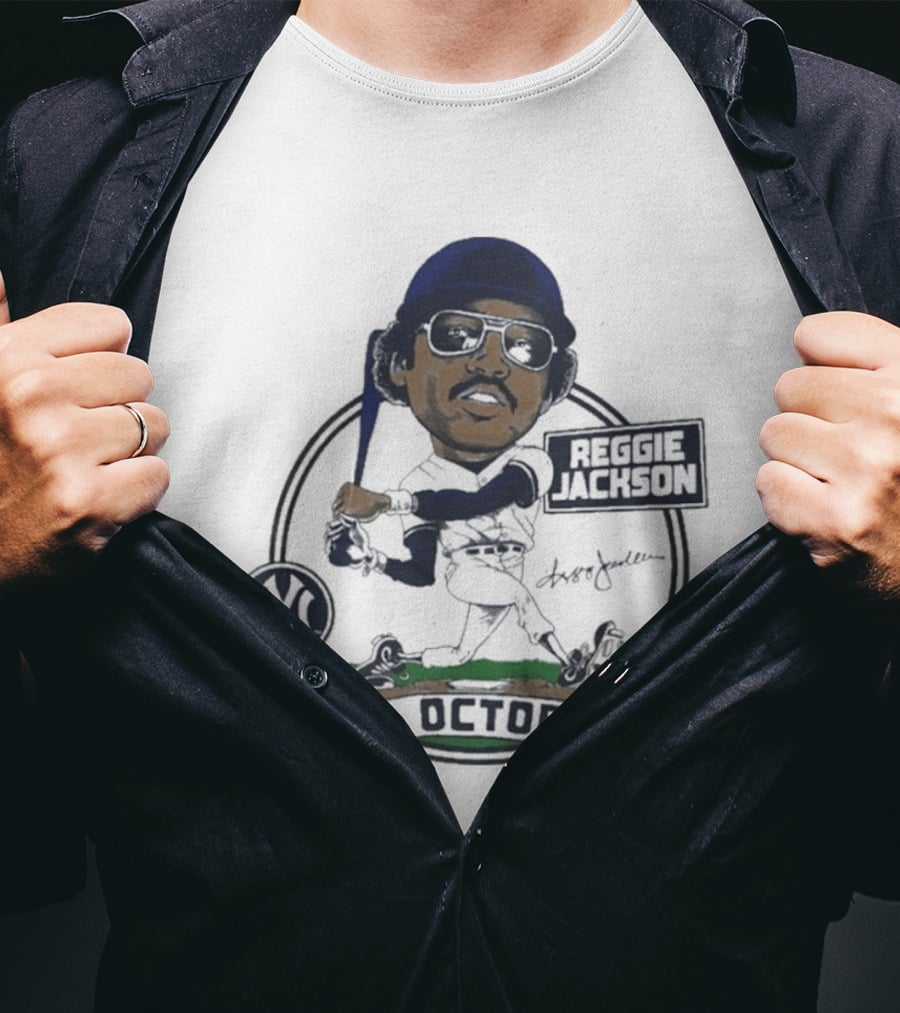 Yankees Reggie Jackson Mr. October Caricature Signature Art With NY Yankees T-Shirt