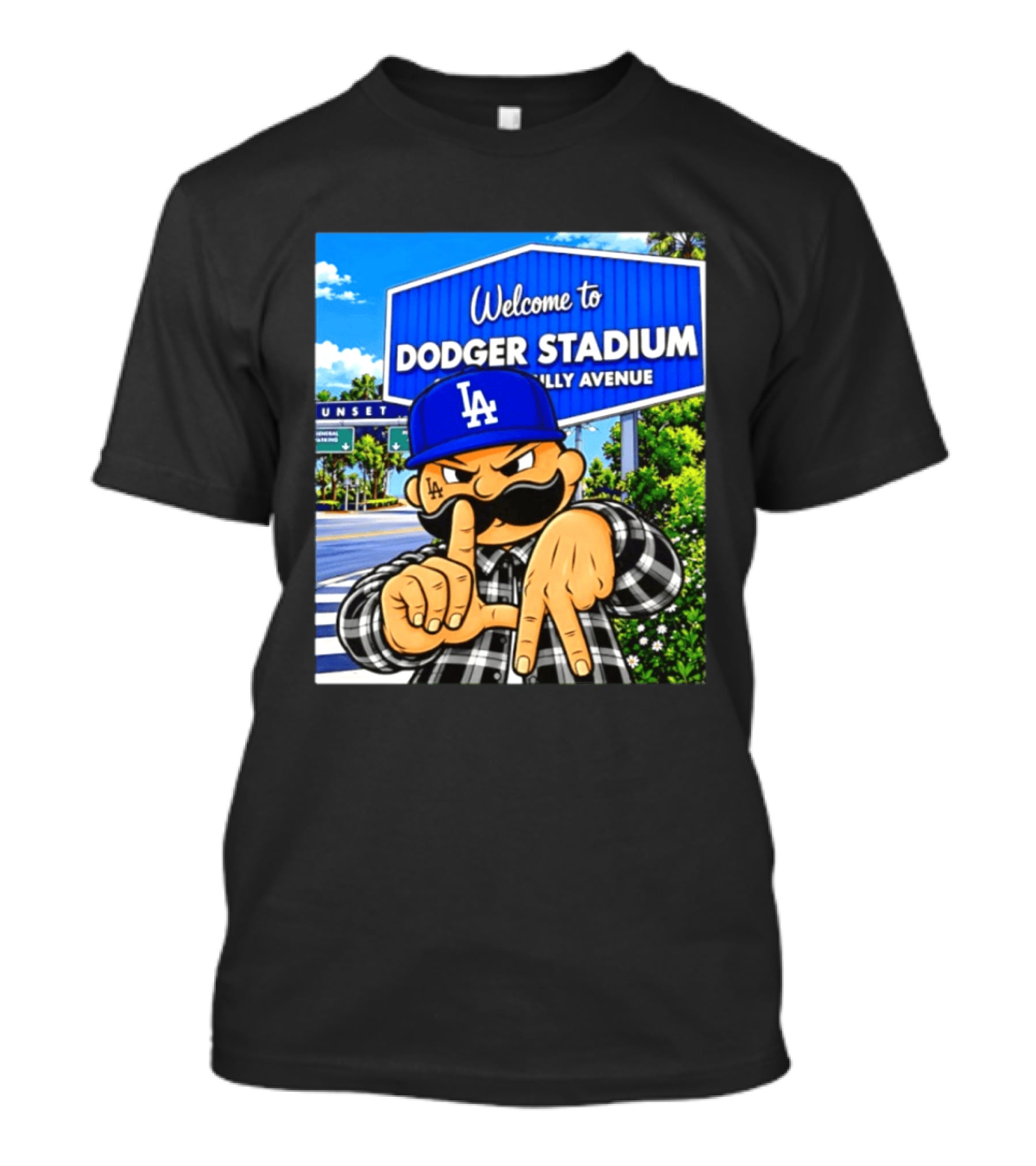 Welcome To Dodger Stadium Sunset Billy Avenue LA Dodgers Cholo T-Shirt