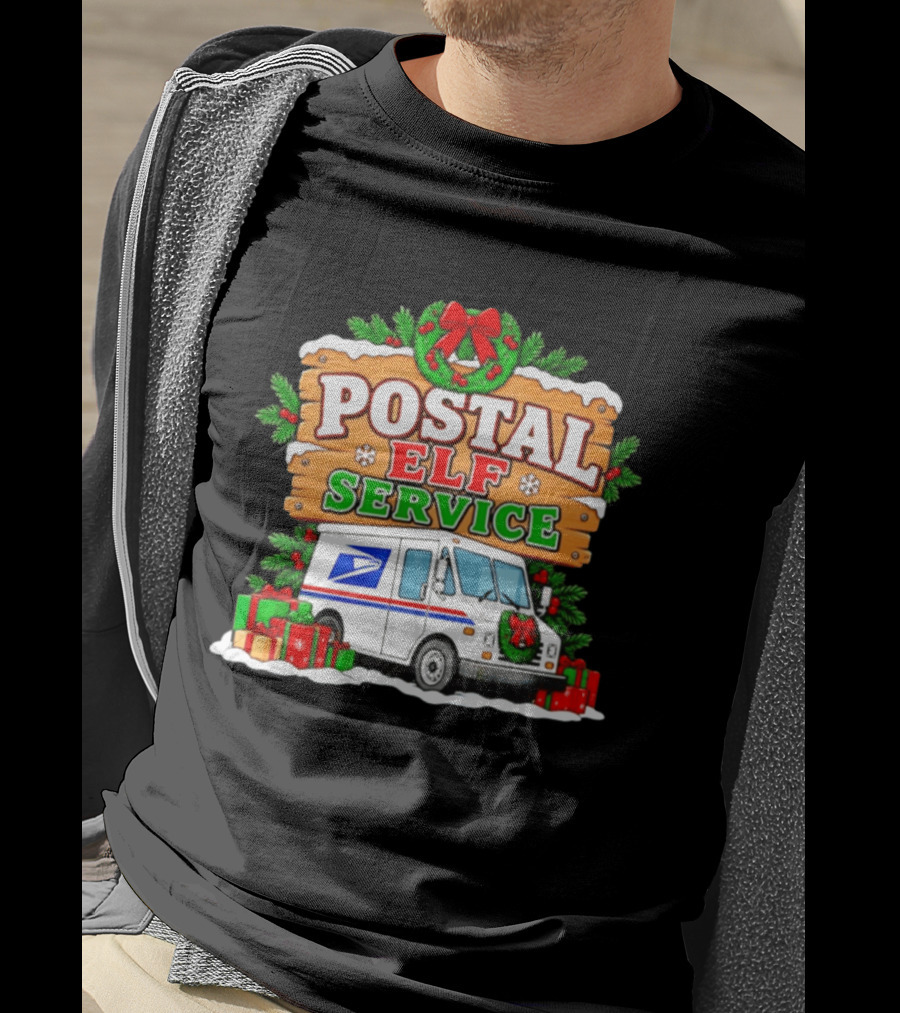 USPS Christmas Postal Elf Service Truck Wreath And Holiday Gifts T-Shirt