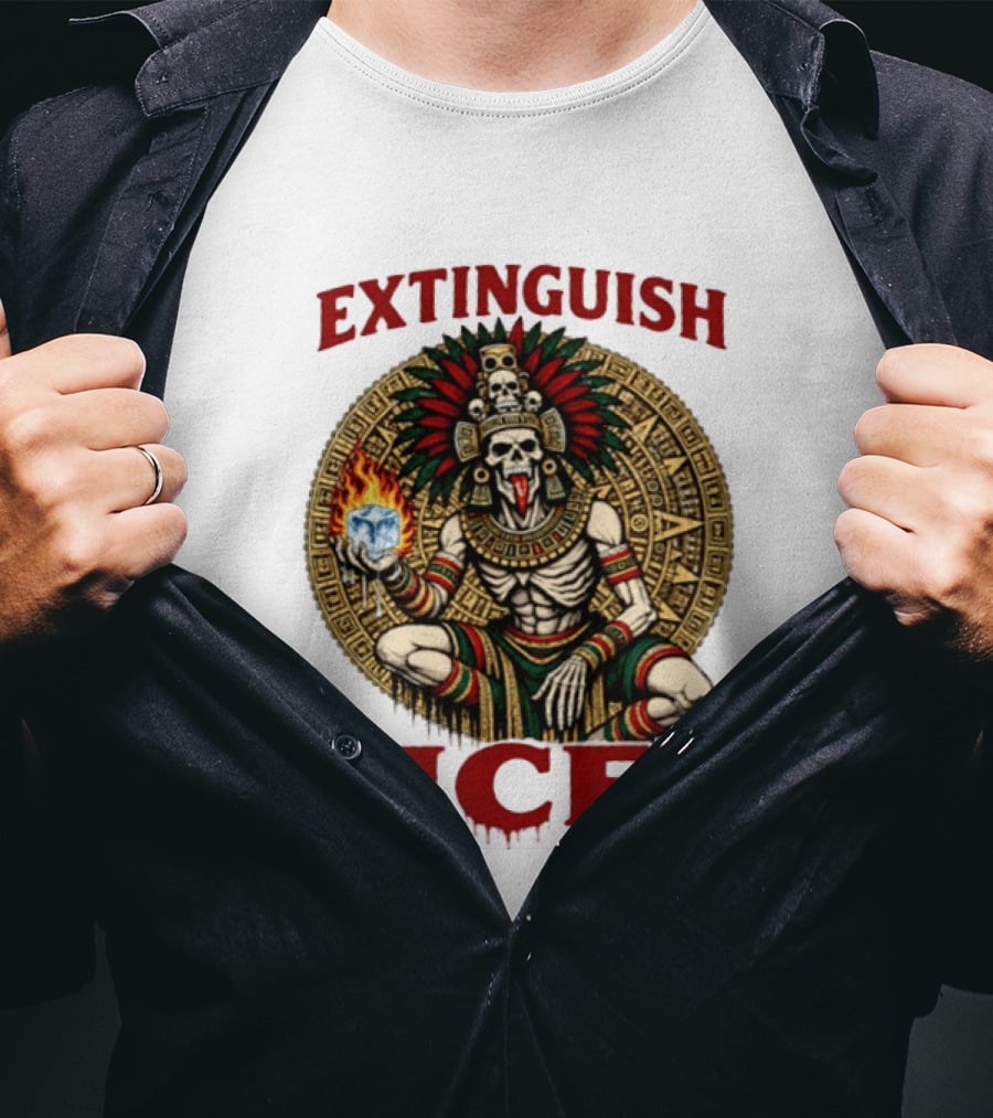 Aztec Skeleton Extinguish Ice Fire Mayan T-Shirt