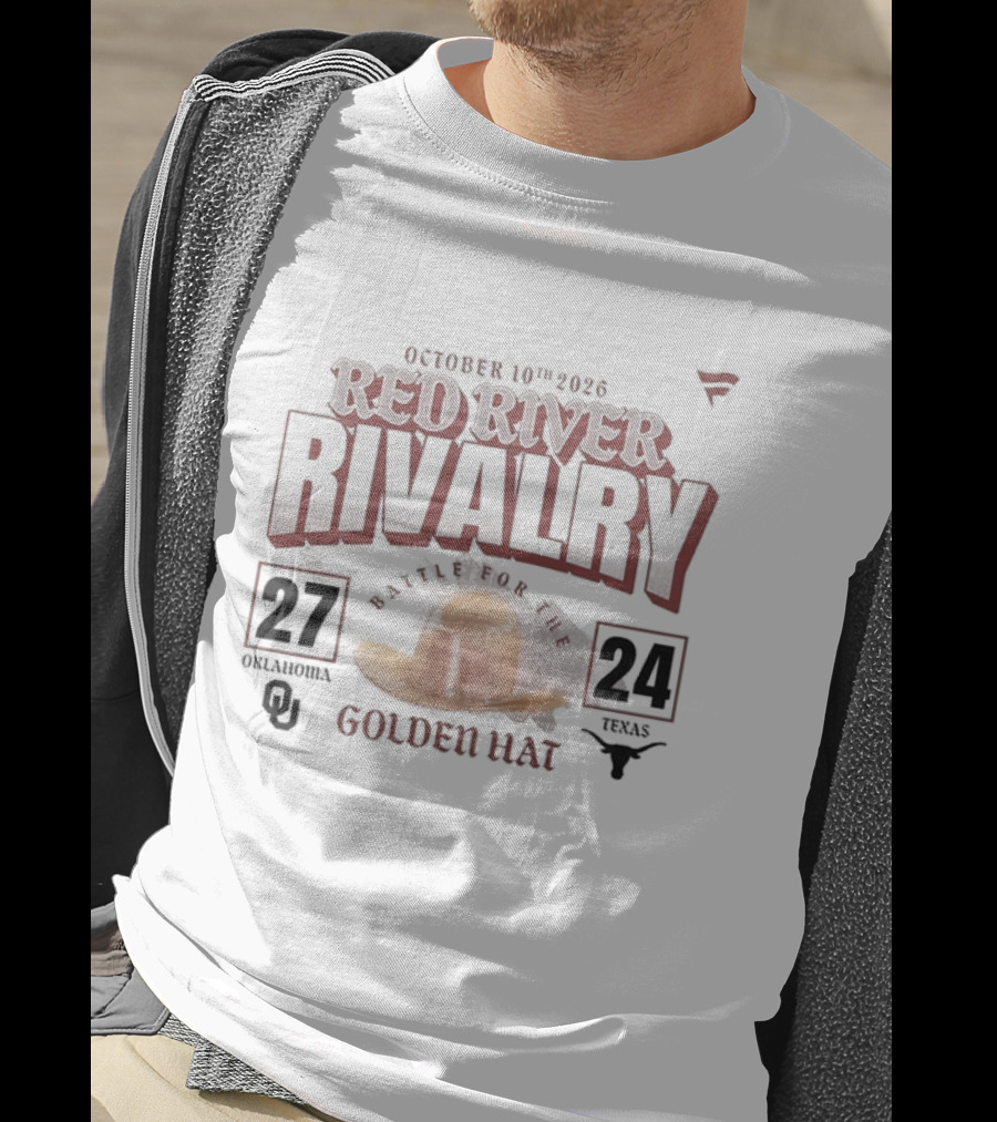 October 10th 2026 Red River Rivalry Oklahoma 27 Texas 24 Golden Hat T-Shirt