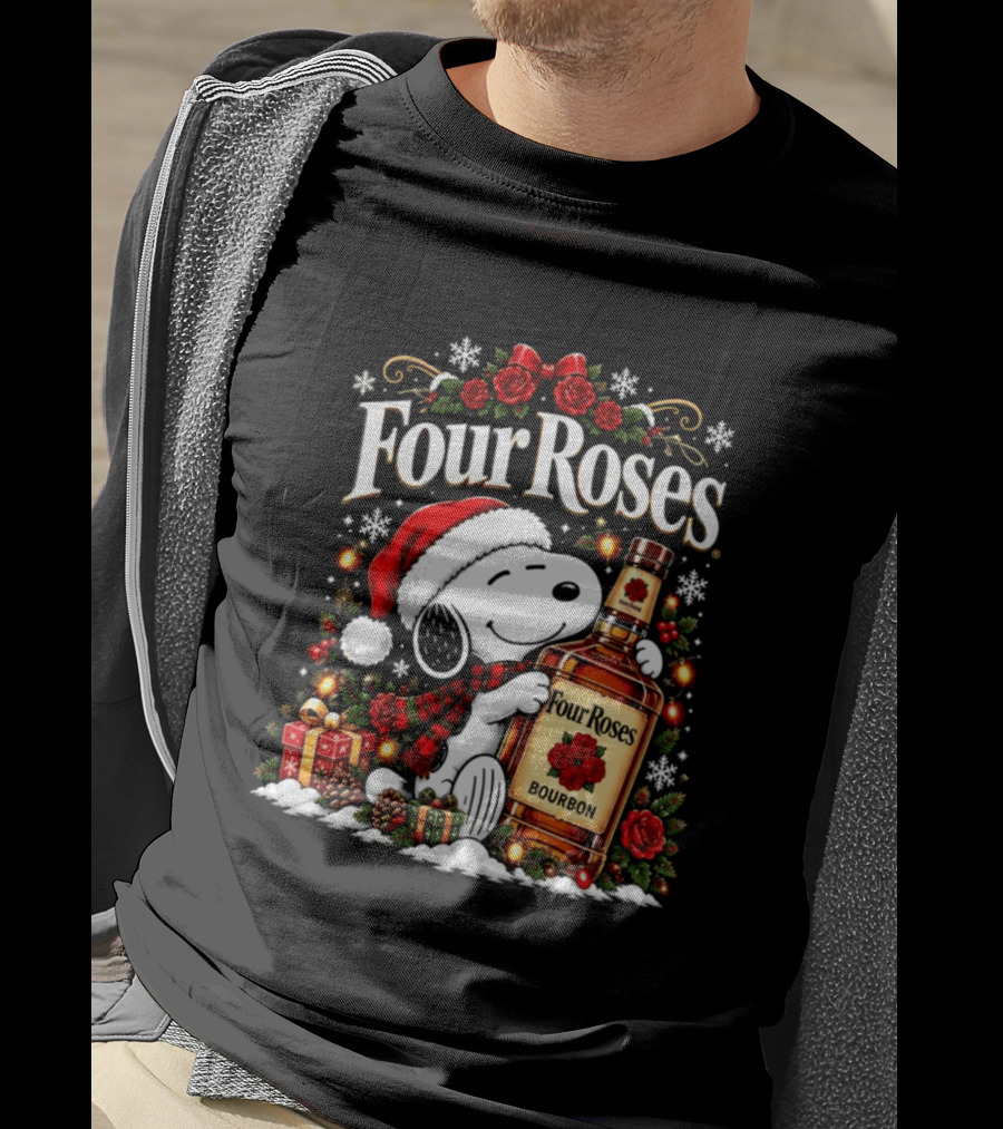 Four Roses Christmas 2026 Bourbon Snoopy Santa Hat Festive Cheer T-Shirt