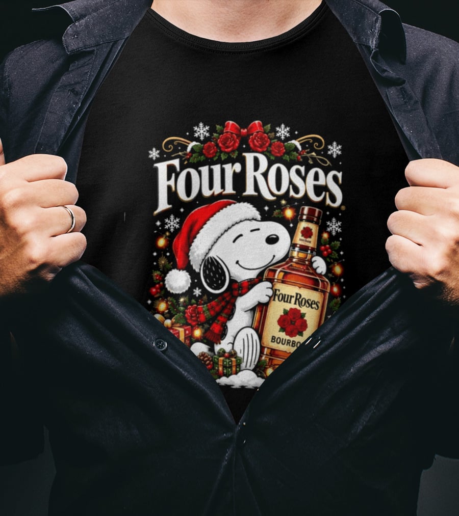 Four Roses Christmas 2026 Bourbon Snoopy Santa Hat Festive Cheer T-Shirt