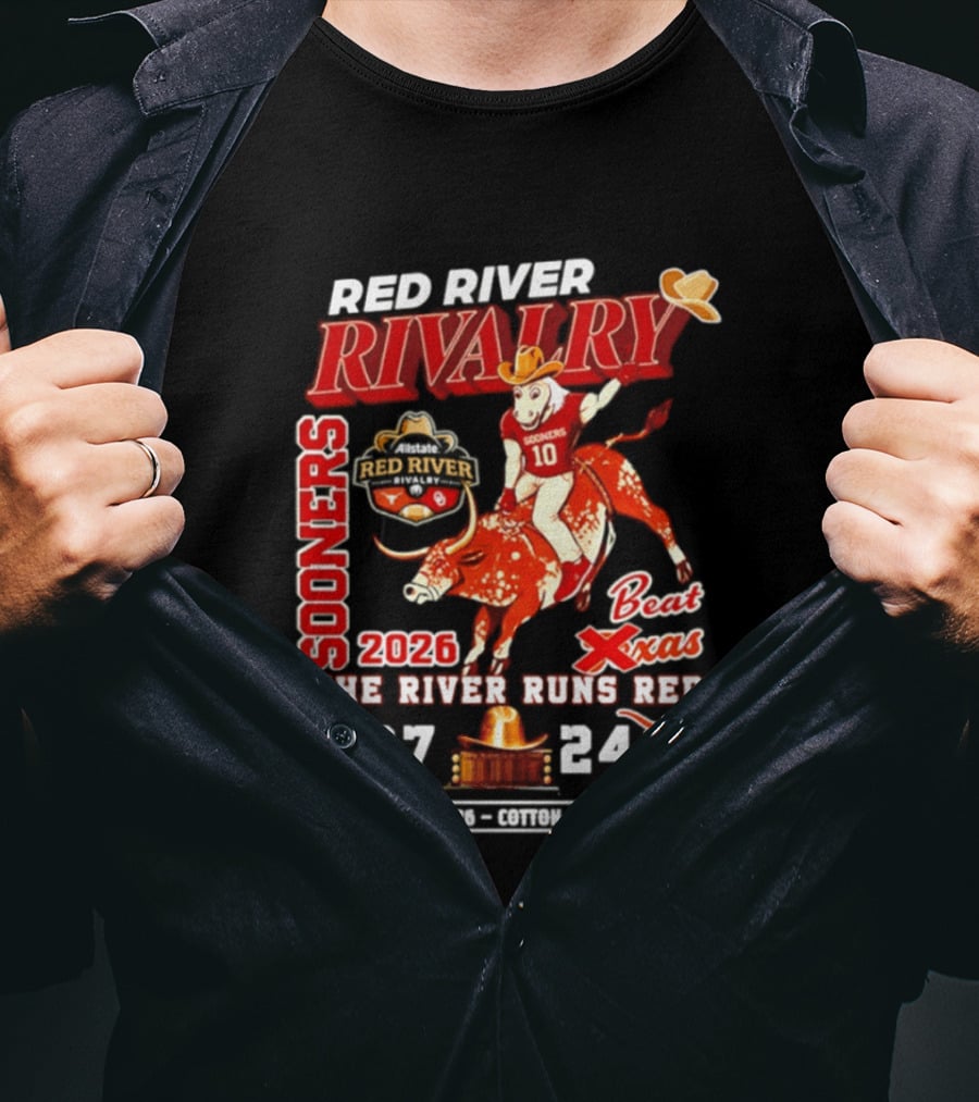 Red River Rivalry Sooners Beat Texas 2026 The River Runs Red 27 24 Oklahoma T-Shirt